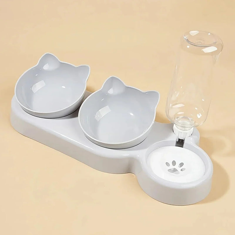 Load image into Gallery viewer, 3-in-1 Ear Design Tilted Cat Food Bowl Set with Gravity Water Bottle
