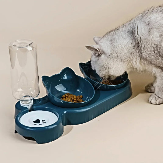 3-in-1 Ear Design Tilted Cat Food Bowl Set with Gravity Water Bottle