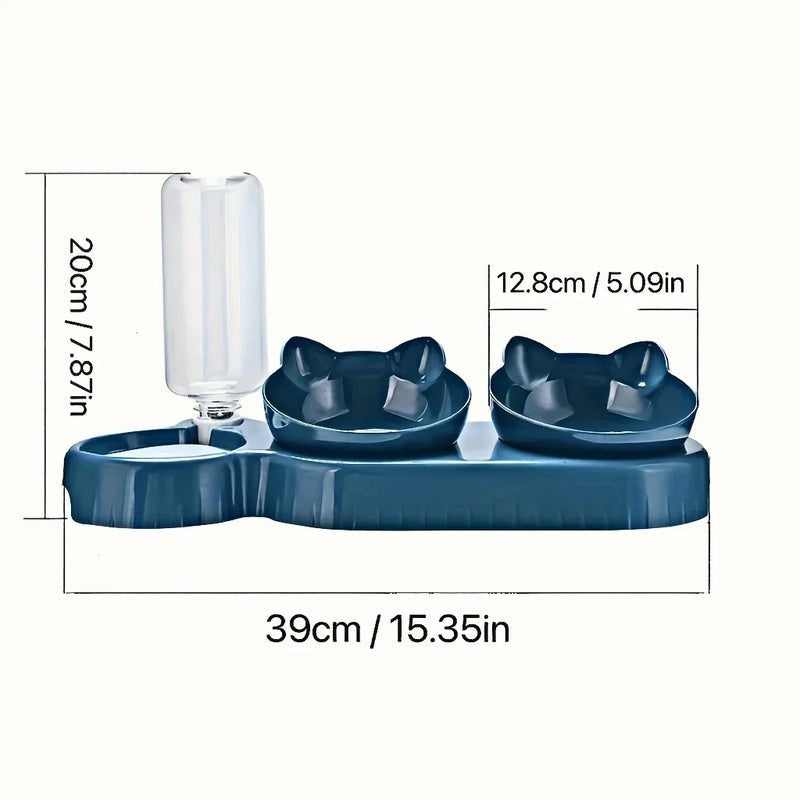Load image into Gallery viewer, 3-in-1 Ear Design Tilted Cat Food Bowl Set with Gravity Water Bottle
