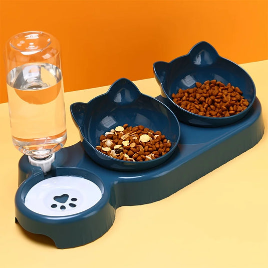 3-in-1 Ear Design Tilted Cat Food Bowl Set with Gravity Water Bottle