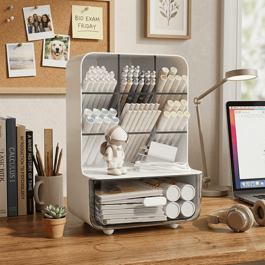 Students' Oblique Large-Capacity Plastic Desk Stationery Storage Box with Drawer, White