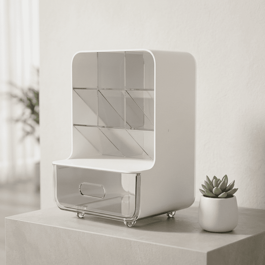 Students' Oblique Large-Capacity Plastic Desk Stationery Storage Box with Drawer, White