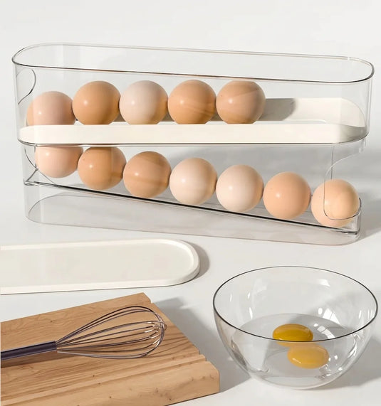 Auto Rolling Fridge Egg Organizer Space Saving 2-Tier Refrigerator Eggs Dispenser 1 Pack