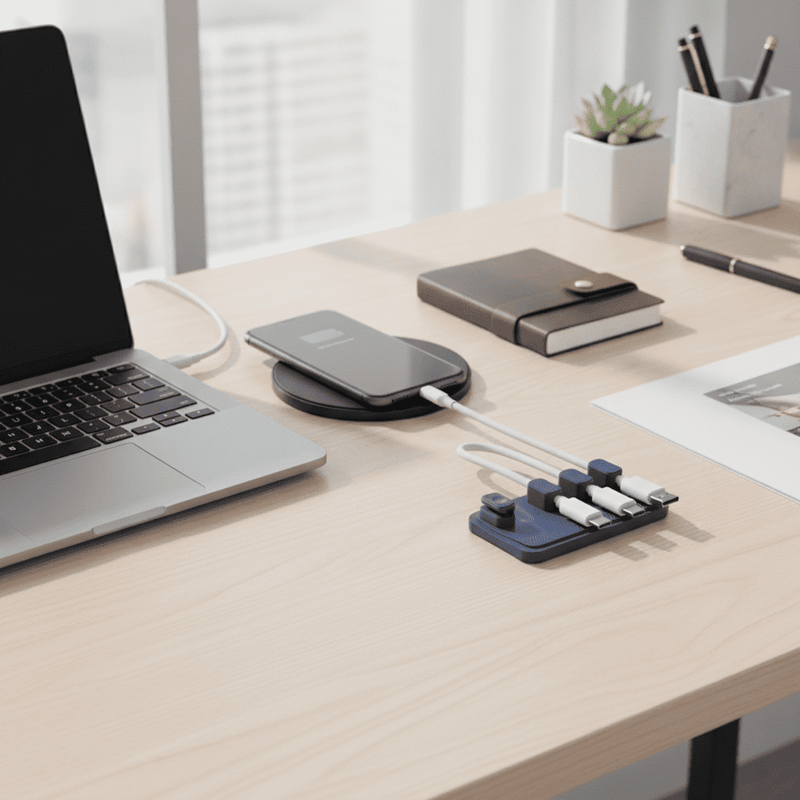 Load image into Gallery viewer, Laptop on a desk with a smartphone on a wireless charger, notebook, and stationery items.
