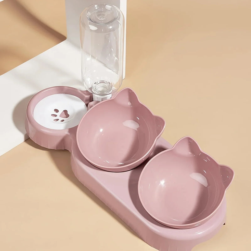 Load image into Gallery viewer, 3-in-1 Ear Design Tilted Cat Food Bowl Set with Gravity Water Bottle
