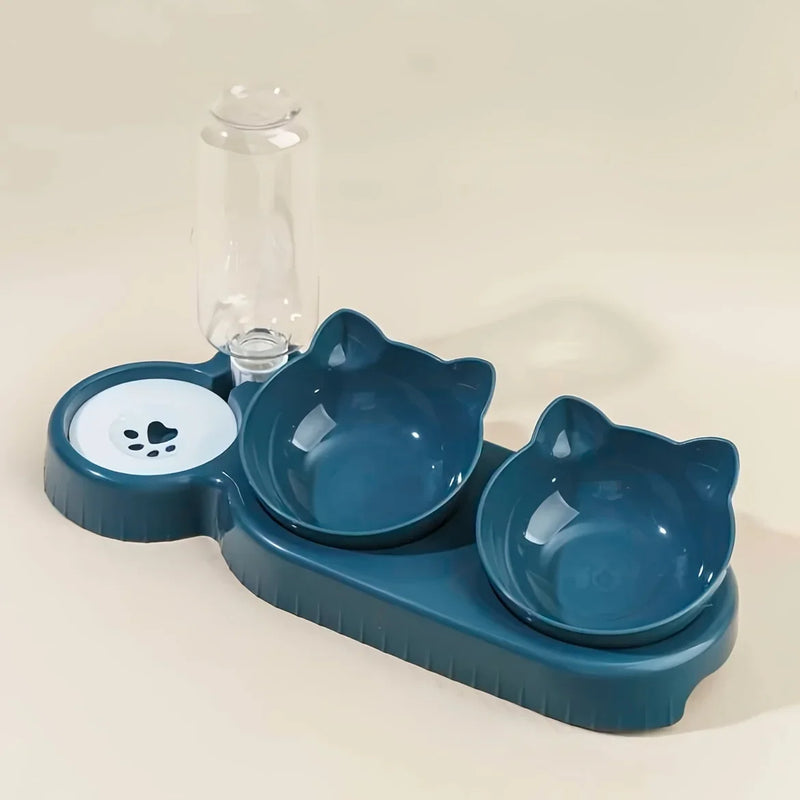 Load image into Gallery viewer, 3-in-1 Ear Design Tilted Cat Food Bowl Set with Gravity Water Bottle
