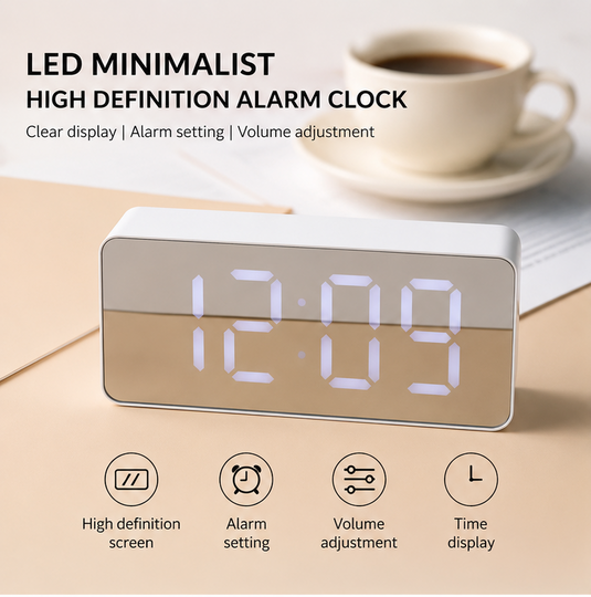 White LED Mirror Table Clock with Snooze and Night Light