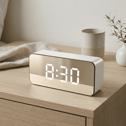 White LED Mirror Table Clock with Snooze and Night Light