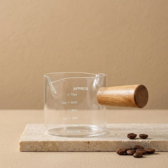 1pc Glass Measuring Cup with Wood Handle, Double Spout 75ml