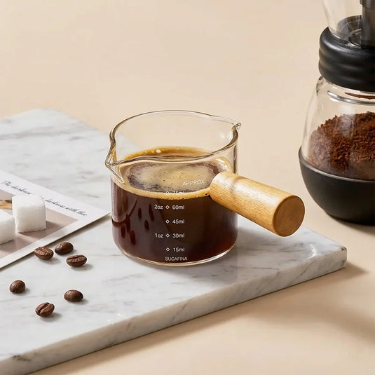 1pc Glass Measuring Cup with Wood Handle, Double Spout 75ml