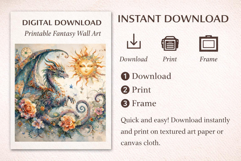 Load image into Gallery viewer, Celestial Dragon Wall Art Print Fantasy Sun Moon Decor Nursery Wizard Artwork Download
