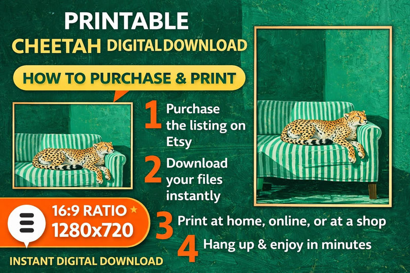 Load image into Gallery viewer, Printable Cheetah Wall Art Digital Download Modern Animal Decor Green Sofa Artwork 16x9
