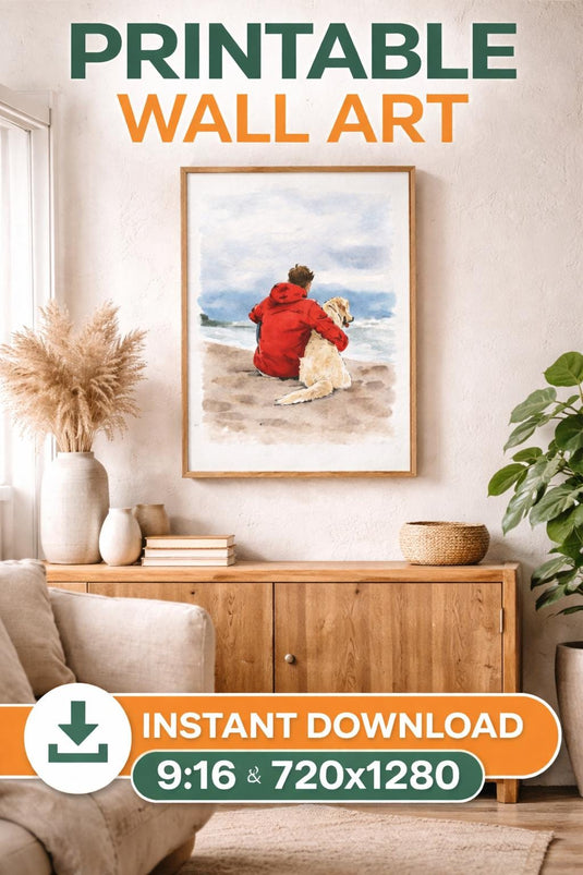 Dog Wall Art Printable Watercolor Beach Scene Ocean Pet Lover Download 9x16