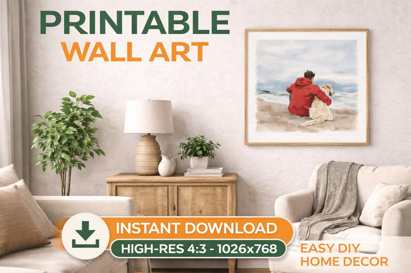 Load image into Gallery viewer, Dog Wall Art Printable Watercolor Beach Scene Pet Lover Home Decor 4x3
