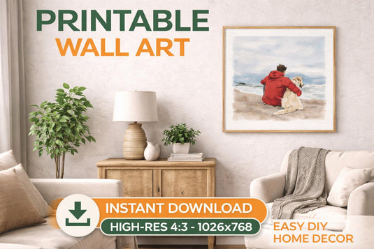 Dog Wall Art Printable Watercolor Beach Scene Pet Lover Home Decor 4x3