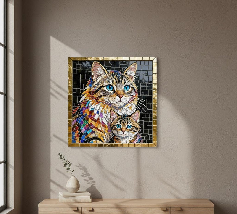 Load image into Gallery viewer, Cat Wall Art Printable Mosaic Mother Kitten Stained Glass Digital Download 3x4
