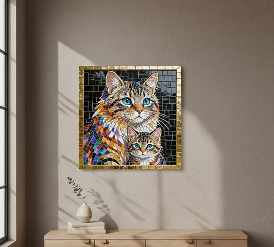 Cat Wall Art Printable Mosaic Mother Kitten Stained Glass Digital Download 3x4