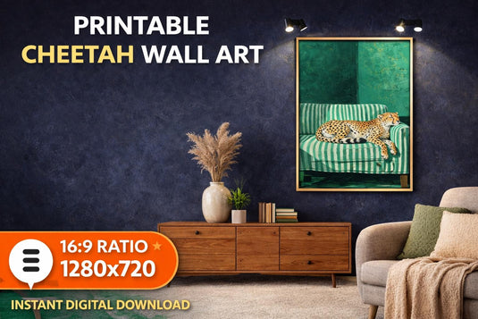 Printable Cheetah Wall Art Digital Download Modern Animal Decor Green Sofa Artwork 16x9