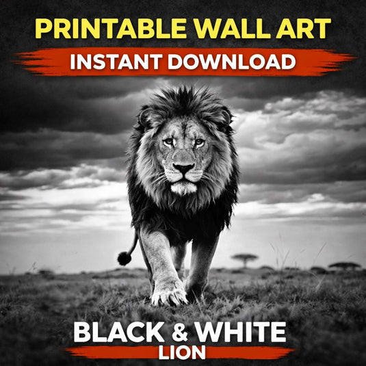 Black and White Lion Photography Print, Wildlife Wall Art (Digital Download)