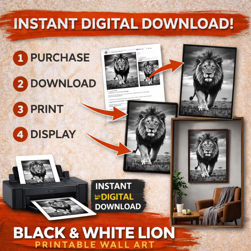 Load image into Gallery viewer, Black and White Lion Photography Print, Wildlife Wall Art (Digital Download)
