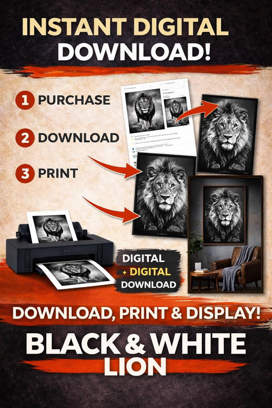 Lion Wall Art Printable, Black and White Animal Print, Safari Decor, Digital Download Poster