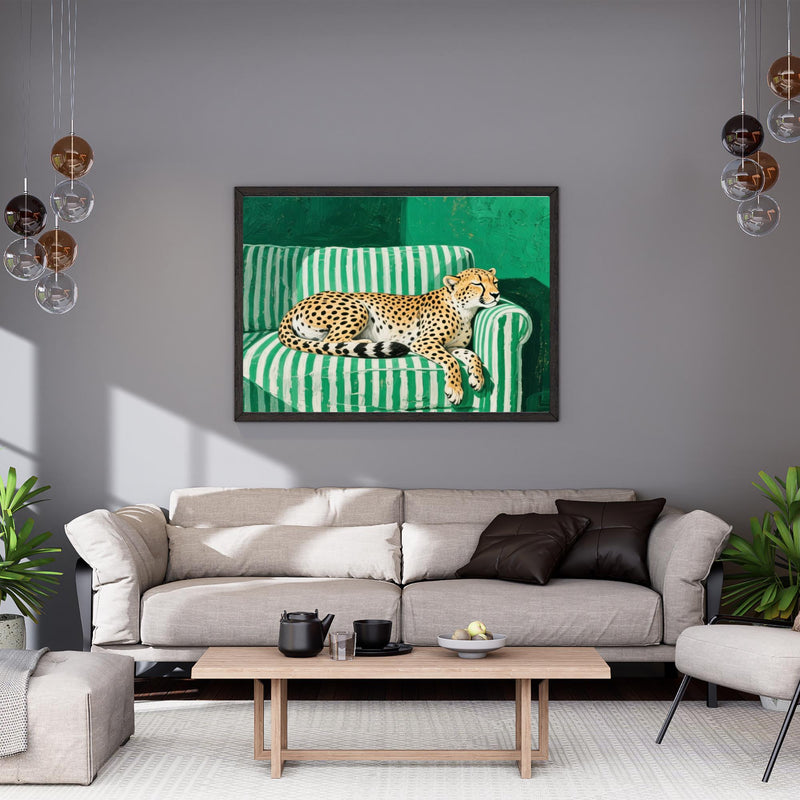 Load image into Gallery viewer, Printable Cheetah Wall Art Digital Download Modern Animal Decor Green Sofa Artwork 16x9
