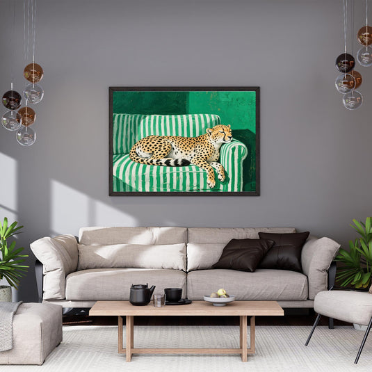 Printable Cheetah Wall Art Digital Download Modern Animal Decor Green Sofa Artwork 16x9