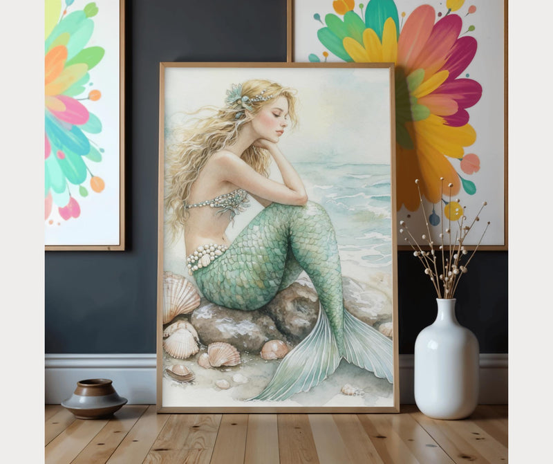 Load image into Gallery viewer, Watercolor Mermaid Wall Art Print, Blue Ocean Decor Digital Download
