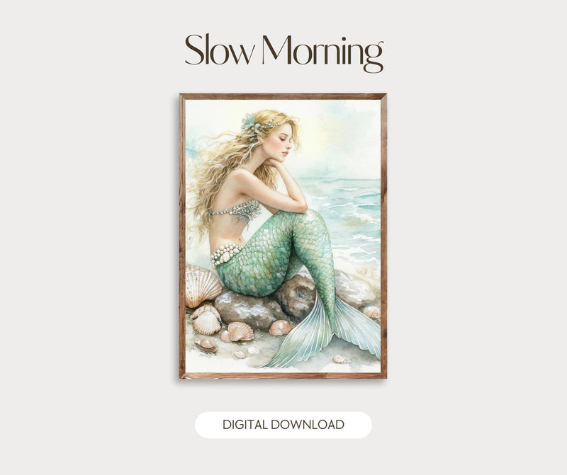 Load image into Gallery viewer, Watercolor Mermaid Wall Art Print, Blue Ocean Decor Digital Download
