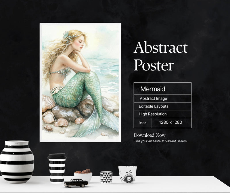 Load image into Gallery viewer, Watercolor Mermaid Wall Art Print, Blue Ocean Decor Digital Download
