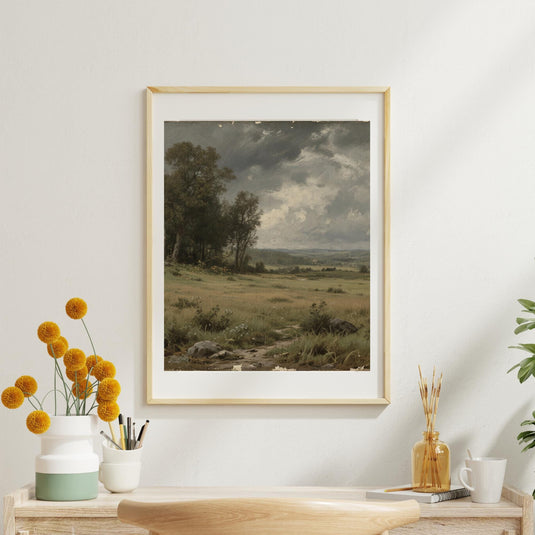 Vintage Countryside Landscape Painting, Rustic Farmhouse Wall Art Printable