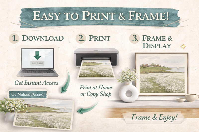 Load image into Gallery viewer, Coastal Cottage Landscape Printable Wall Art, Vintage Wildflower Beach Digital Download 4:3 1024x768
