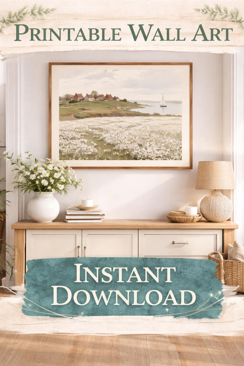 Load image into Gallery viewer, Coastal Cottage Landscape Printable Wall Art, Vintage Wildflower Beach Digital Download 4:3 1024x768
