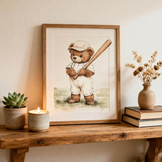 Teddy Bear Baseball Wall Art Vintage Nursery Decor 1:1 1024x1024 Printable Digital Download