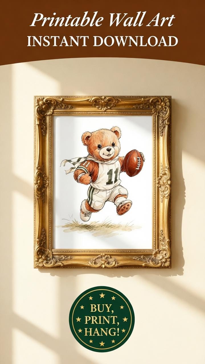 Load image into Gallery viewer, Teddy Bear Football Wall Art Printable Sports Nursery Decor 1:1 1024x1024
