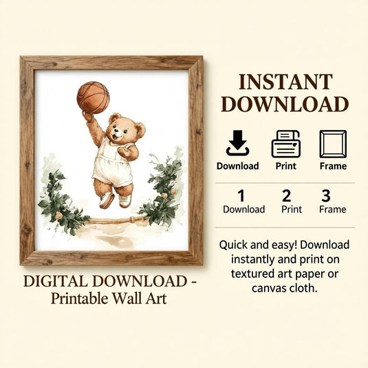 Vintage Teddy Bear Basketball Wall Art Printable Nursery Sports Decor 1024x1024 Digital Download