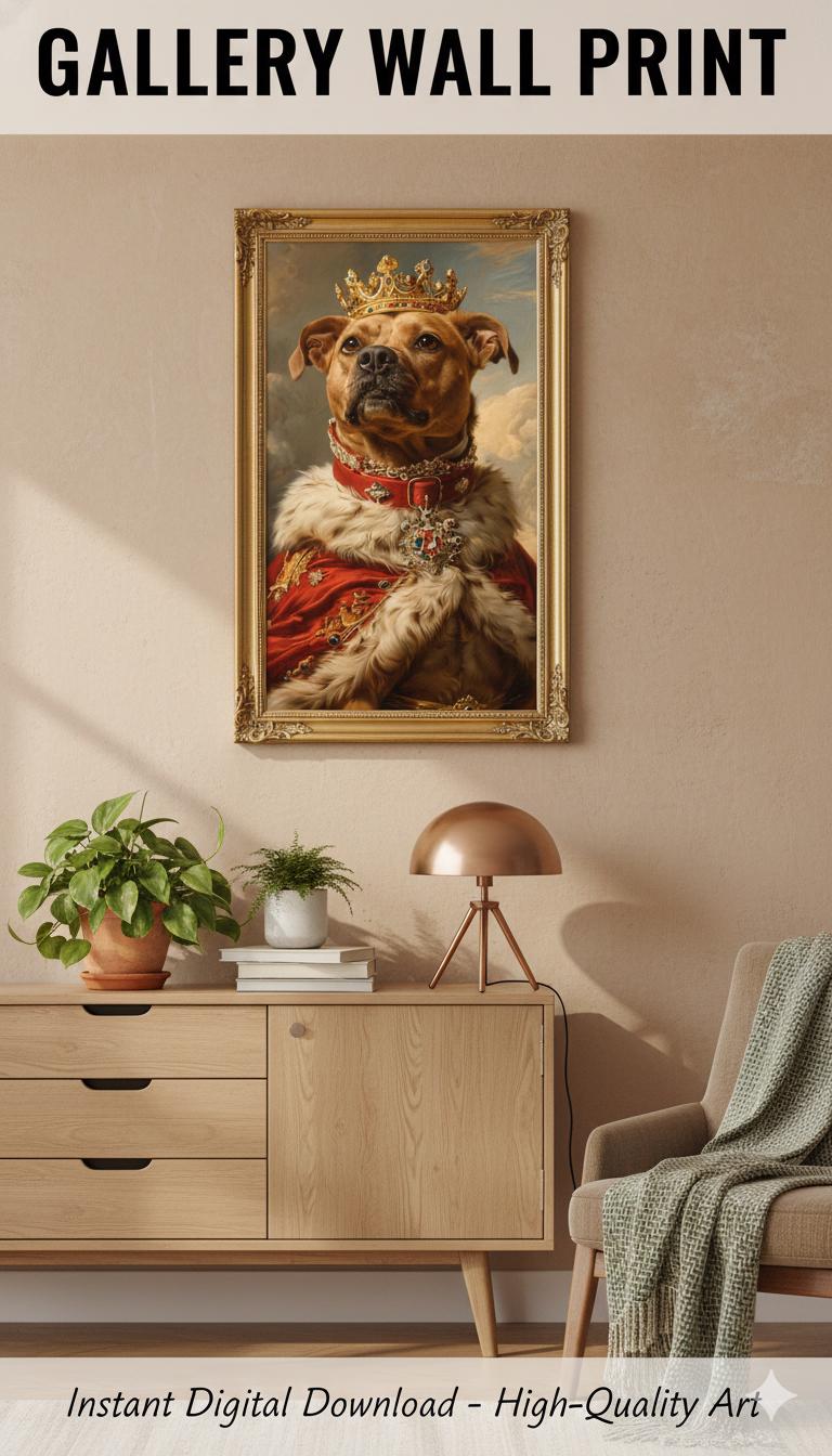 Load image into Gallery viewer, Royal Dog Portrait Printable Pitbull Wall Art Pet Digital Download Lover Gift 9x16 Modern
