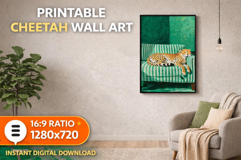 Load image into Gallery viewer, Printable Cheetah Wall Art Digital Download Modern Animal Decor Green Sofa Artwork 16x9
