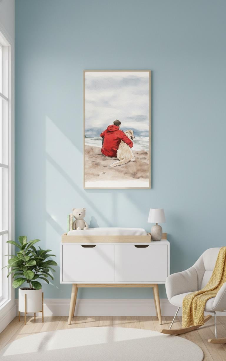 Load image into Gallery viewer, Dog Wall Art Printable Watercolor Beach Scene Ocean Pet Lover Download 9x16
