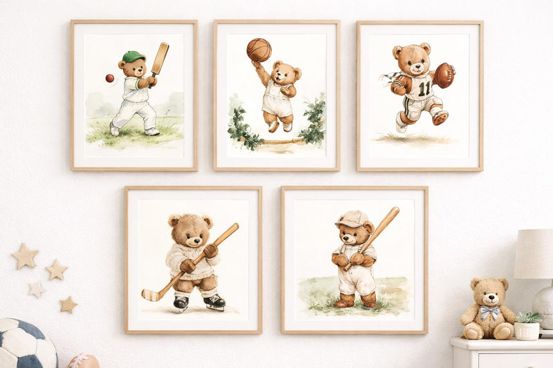 Load image into Gallery viewer, Teddy Bear Basketball Nursery Wall Art Printable Baby Boy Sports Decor 1024x1024
