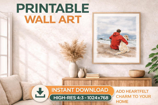 Dog Wall Art Printable Watercolor Beach Scene Pet Lover Home Decor 4x3
