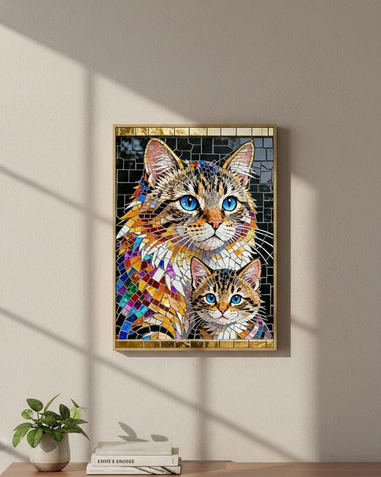 Cat Wall Art Printable Mosaic Mother Kitten Stained Glass Digital Download 3x4
