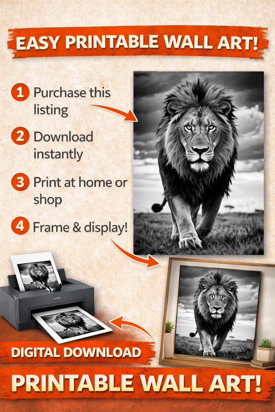 Black and White Lion Wall Art Printable, Masculine Office Decor, Motivational Leadership Poster