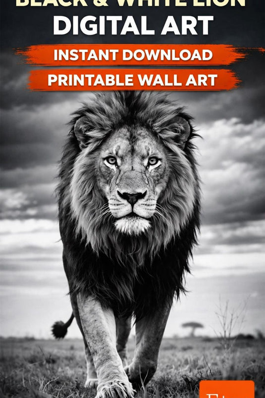 Black and White Lion Wall Art Printable, Wildlife Digital Download, Modern vintage, Safari Decor
