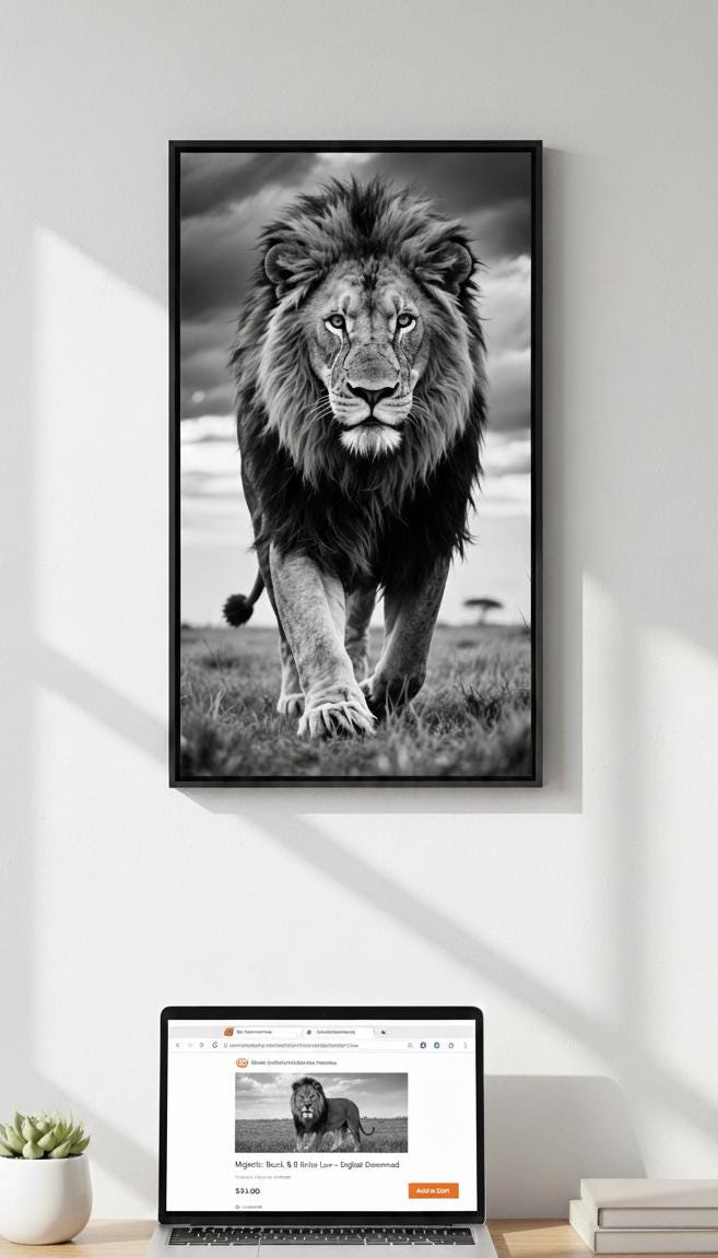 Load image into Gallery viewer, Black and White Lion Photography Print, Wildlife Wall Art (Digital Download)
