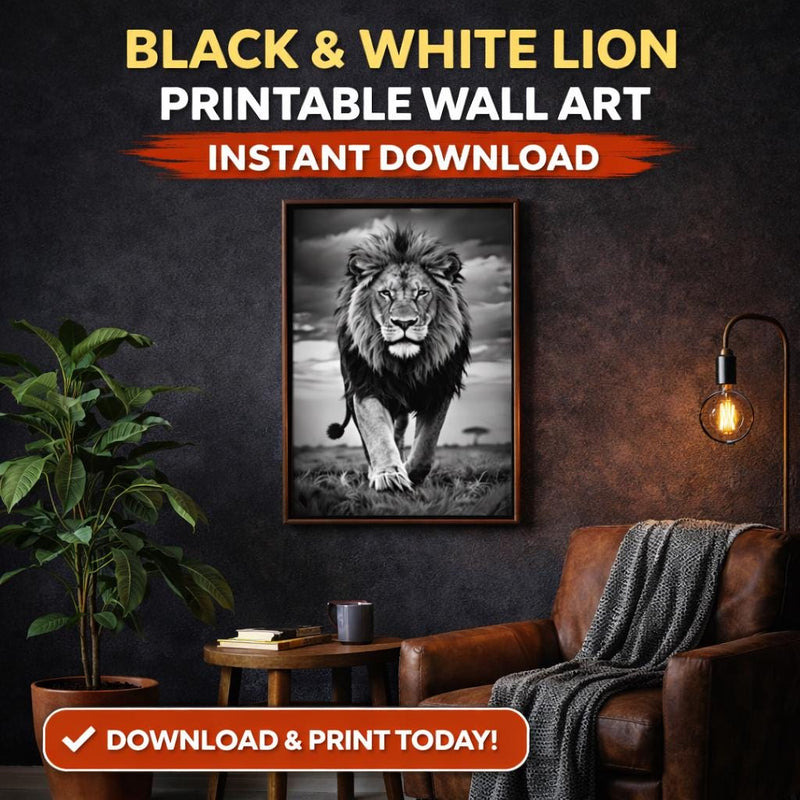 Load image into Gallery viewer, Black and White Lion Photography Print, Wildlife Wall Art (Digital Download)

