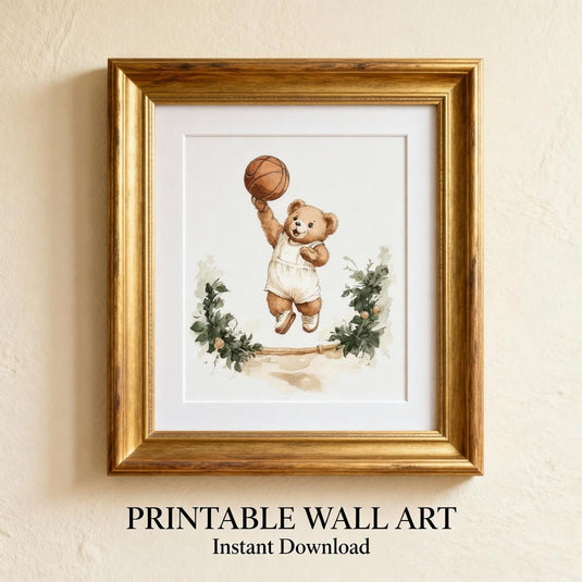 Vintage Teddy Bear Basketball Wall Art Printable Nursery Sports Decor 1024x1024 Digital Download