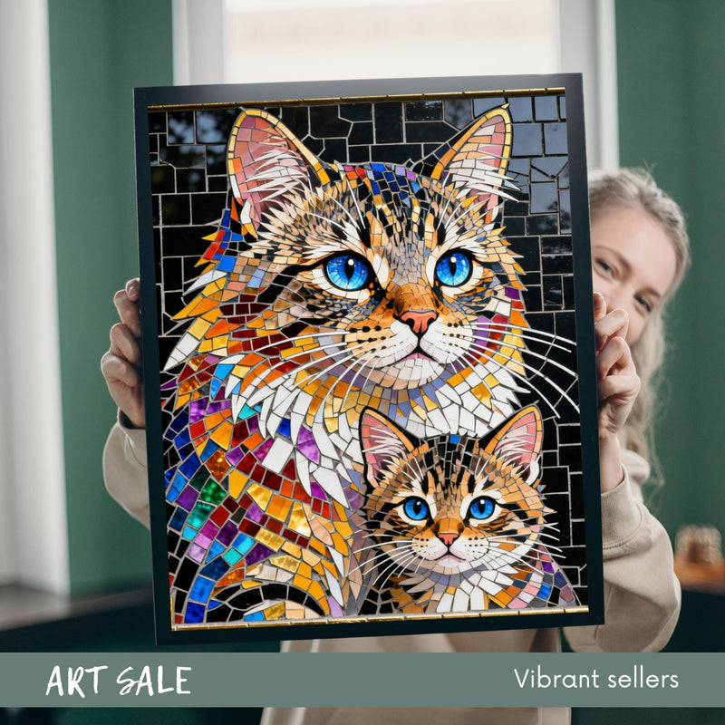 Load image into Gallery viewer, Cat Wall Art Printable Mosaic Mother Kitten Stained Glass Digital Download 3x4
