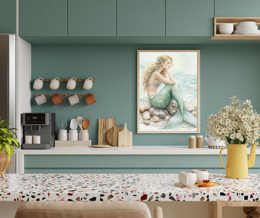 Watercolor Mermaid Wall Art Print, Blue Ocean Decor Digital Download
