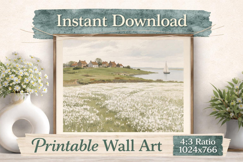 Load image into Gallery viewer, Coastal Cottage Landscape Printable Wall Art, Vintage Wildflower Beach Digital Download 4:3 1024x768
